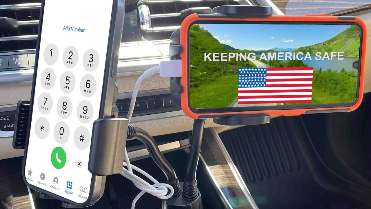 Cup holder phone mount holding a smartphone in a car interior for convenient driving