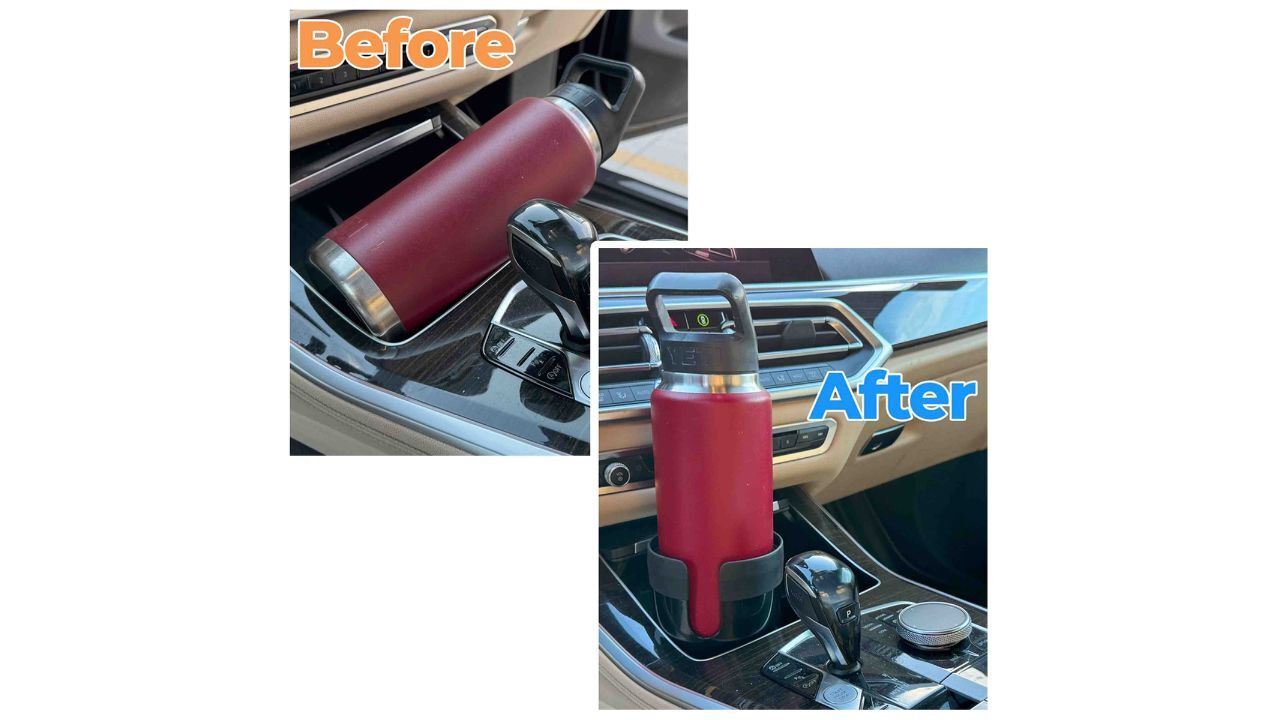 A before and after comparison of a large water bottle in a car console with and without an adjustable cup holder expander.