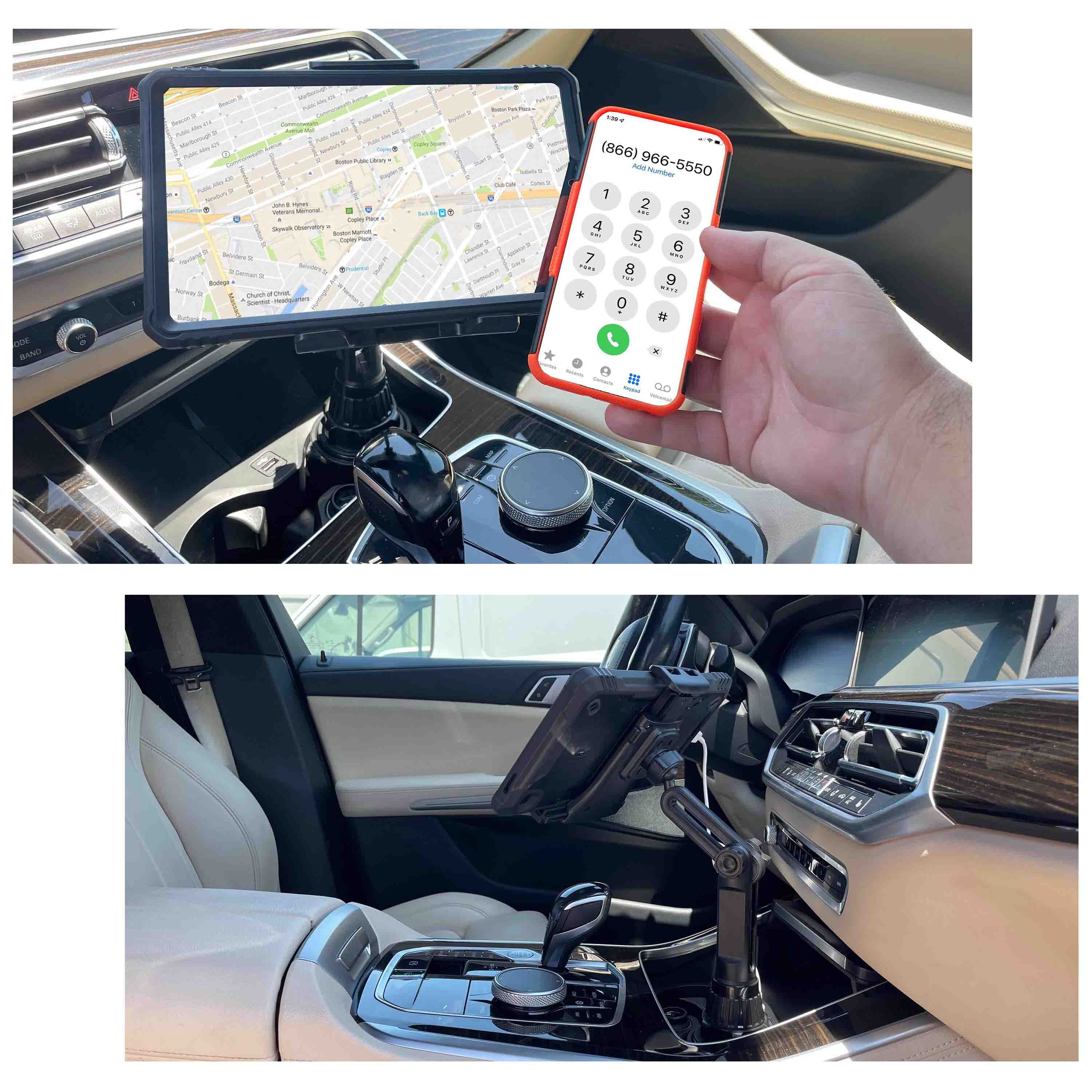 Tablet mounted on a cup holder tablet car mount.